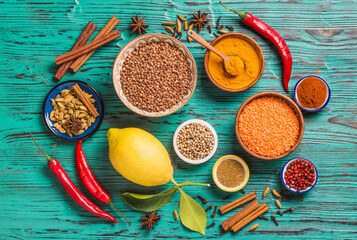 Assortment of spices and seasoning colorful Indian cuisine.Superfoods for good immune defense.