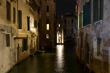 Nightly scene at a side canal in Venice
