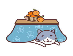 こたつに入ってくつろいでいるネコのイラスト