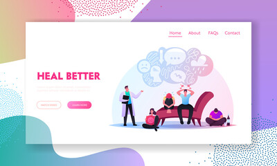Anxious Characters Sitting at Psychologist Doctor Cabinet Landing Page Template. Men and Women Suffering of Depression