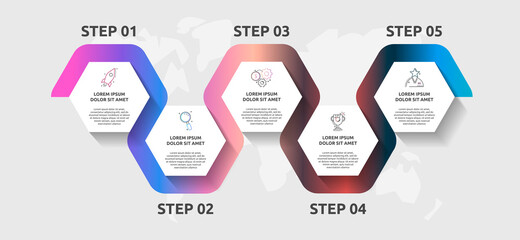 Vector infographic template hexagons for five icons, diagram, graph, presentation. Business concept with 5 steps. For content, flowchart, workflow, banner, marketing, banner, levels, web, chart