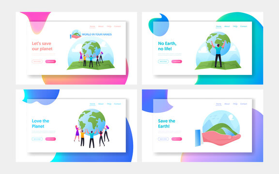 World in Hands Landing Page Template Set. Characters Stand in Circle on Huge Map Hold Earth Globe. Earth Day Celebration