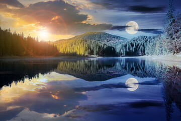 day and night time change concept above mountain lake among the forest. trees in colorful foliage....