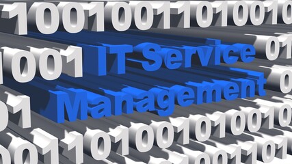 ITSM Information Technology Service Management concept - blue lettering integrated into white digits of the binary code with shadows on the graphic elements - 3D illustration