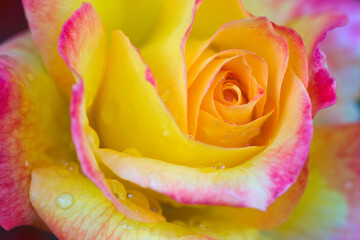 Fototapeta na wymiar Yellow rose close up with water drops .Birthday card.