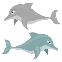 Set of vector dolphins. Illustration on a white isolated background on the theme of sea inhabitants.