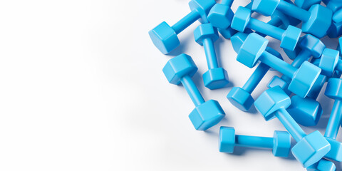 Heap of realictis blue dumbbells on the white table. Top view with copy space.