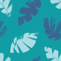 Mono print style scattered leaves seamless vector pattern background. Backdrop of textured cut out foliage in shades of aqua blue. Monochrome painterly grunge design. All over print for wellbeing