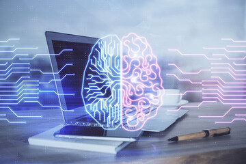 Multi exposure of work table with computer and brain hologram. Brainstorm concept.