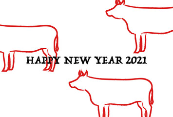 2021年丑年の年賀状イラスト: 牛のアウトライン