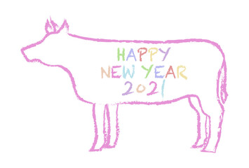2021年丑年の年賀状イラスト: クレヨン画風の牛デザイン
