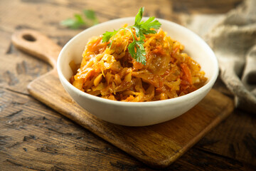 Traditional homemade cabbage stew with bay leaf