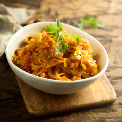 Traditional homemade cabbage stew with bay leaf
