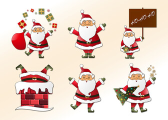 Set of Santa Claus stickers. Merry Christmas icons for postcard with cartoon characters 