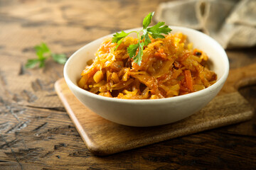 Traditional homemade cabbage stew with bay leaf