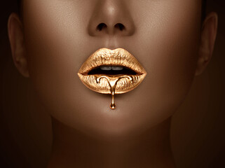 Goldene Lippenstift-Nahaufnahme. Flüssiges Metall tropft von goldenen Lippen. Schönes Make-up. Sexy Lippen, helle flüssige Farbe auf dem Mund des Schönheitsmodellmädchens, Nahaufnahme. Lippenstift. © Subbotina Anna