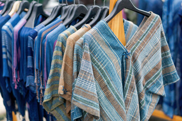 Close up T-shirt Indigo clothing is hand-woven in clothes rack at walking street, selective focus