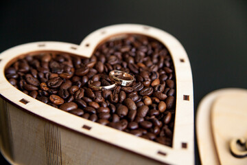 wooden heart shaped box for rings and coffee two rings