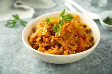 Traditional homemade cabbage stew with bay leaf