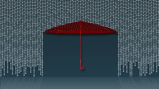 Data transfer as hanging rows of the binary code in matrix style over a protecting red umbrella - dark background with reflections on the floor - 3D illustration