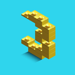 yellow number three from constructor bricks on blue background. 3d  number 
three