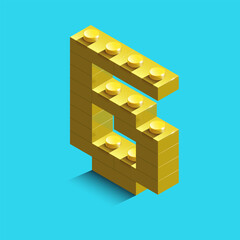 yellow number six from constructor bricks on blue background. 3d  number six