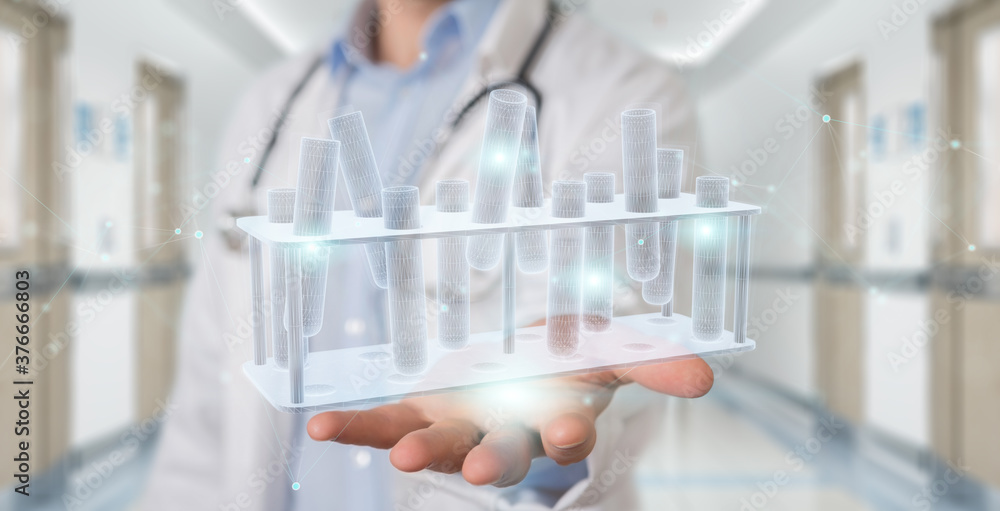 Poster researcher holding and touching medical analysis in tubes samples 3d rendering