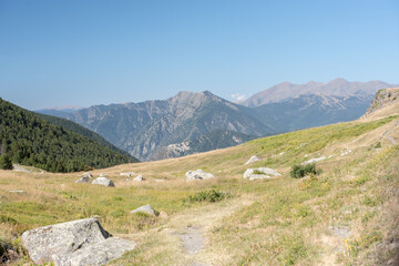 Fototapeta na wymiar Sunny day in Els Cortals de Encamp on Andorra, Pyrennes Mountians.