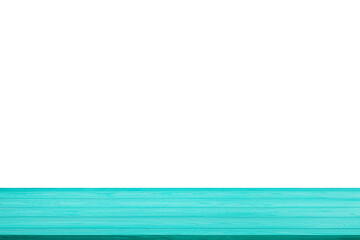 Side view of Blue empty wooden table top with white background.