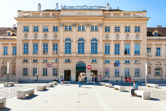 VIENNA, AUSTRIA - OCTOBER 1, 2015: Main entrance of Museum Quarter (MQW) in Vienna city. Museumsquartier is about 60000 sqm large area in Vienna, it is the eighth largest cultural area in the world.