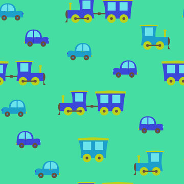 A seamless pattern with children's car and a steam locomotive