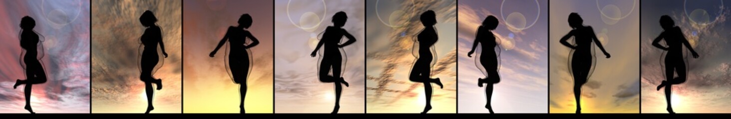 Conceptual fat overweight obese female vs slim fit healthy body after weight loss or diet with muscles thin young woman over sunset. Fitness, nutrition or fatness obesity, health shape 3D illustration - obrazy, fototapety, plakaty