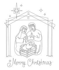 Continuous line drawing of The birth of Jesus Christ. Holy family figures Mary, Joseph and baby Jesus. Template for greeting cards.
