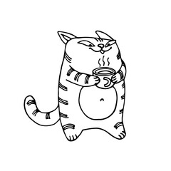 cute smiling striped chubby cat with cup of hot beverage, morning breakfast, vector illustration with black ink contour lines isolated on a white background in a cartoon & hand drawn style
