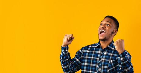 Emotional Black Man Shouting Loudly Posing Standing In Studio, Panorama