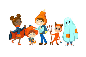 Happy kids in Halloween costume vector illustration on white background. Children friends dressed for Halloween party
