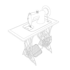 The contour of a decorative vintage sewing machine made of black lines on a white background. Manual sewing machine with rotation mechanism. Isometric view. 3D. Vector illustration