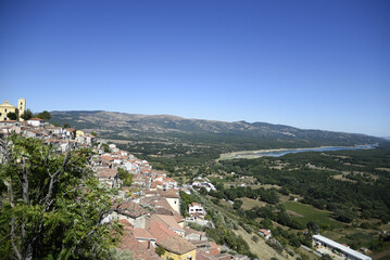 Panoramic view of Grumento Nova, an old town in the mountains of the Basilicata region, Italy.