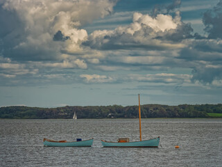 Small fishing vessels seen from Gendarmstien at Flensborg fjord, Denmark
