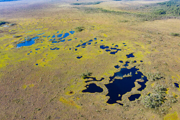 Aerial view over peat-bog landscape with lake and pool patterns.