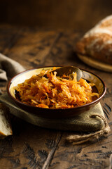 Traditional homemade cabbage stew with bay leaf