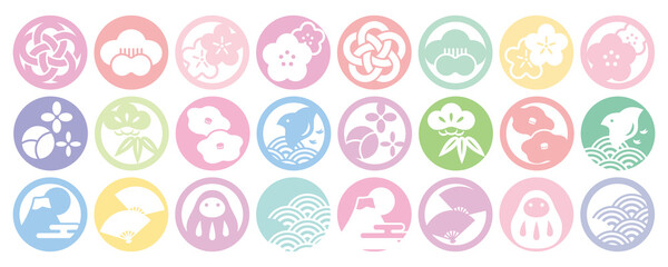 はんなり優しい色合いの和風アイコンセット-Japanese vector icons in soft colors