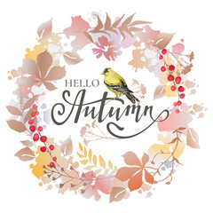 Hello autumn wreath with colorful leaves, berries and bird.