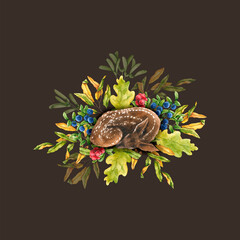 Watercolor sleeping fawn with forest plants. Hand drawn illustration is on dark. Forest card is perfect for interior poster, animal's wallpaper, autumn design, fabric textile print