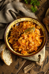Traditional homemade cabbage stew with bay leaf