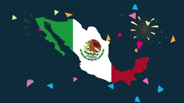mexico celebration animation with mexican flag in map
