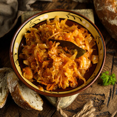 Traditional homemade cabbage stew with bay leaf