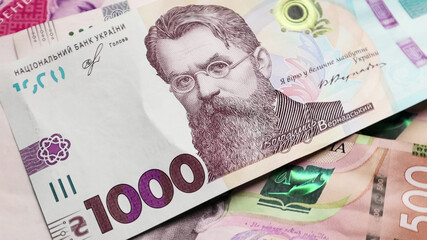 One paper bill of 1000 hryvnia. Portrait of Vladimir Ivanovich Vernadsky on the Ukrainian banknote. Ukrainian money. Money background