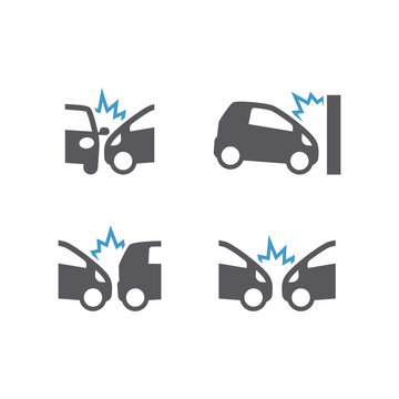 Car Crush Incident Black Vector Icon Set. Car Or Traffic Accident, Frontal And Side Collision