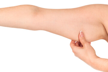 Woman holding her hand with excess fat, isolated on a white background
